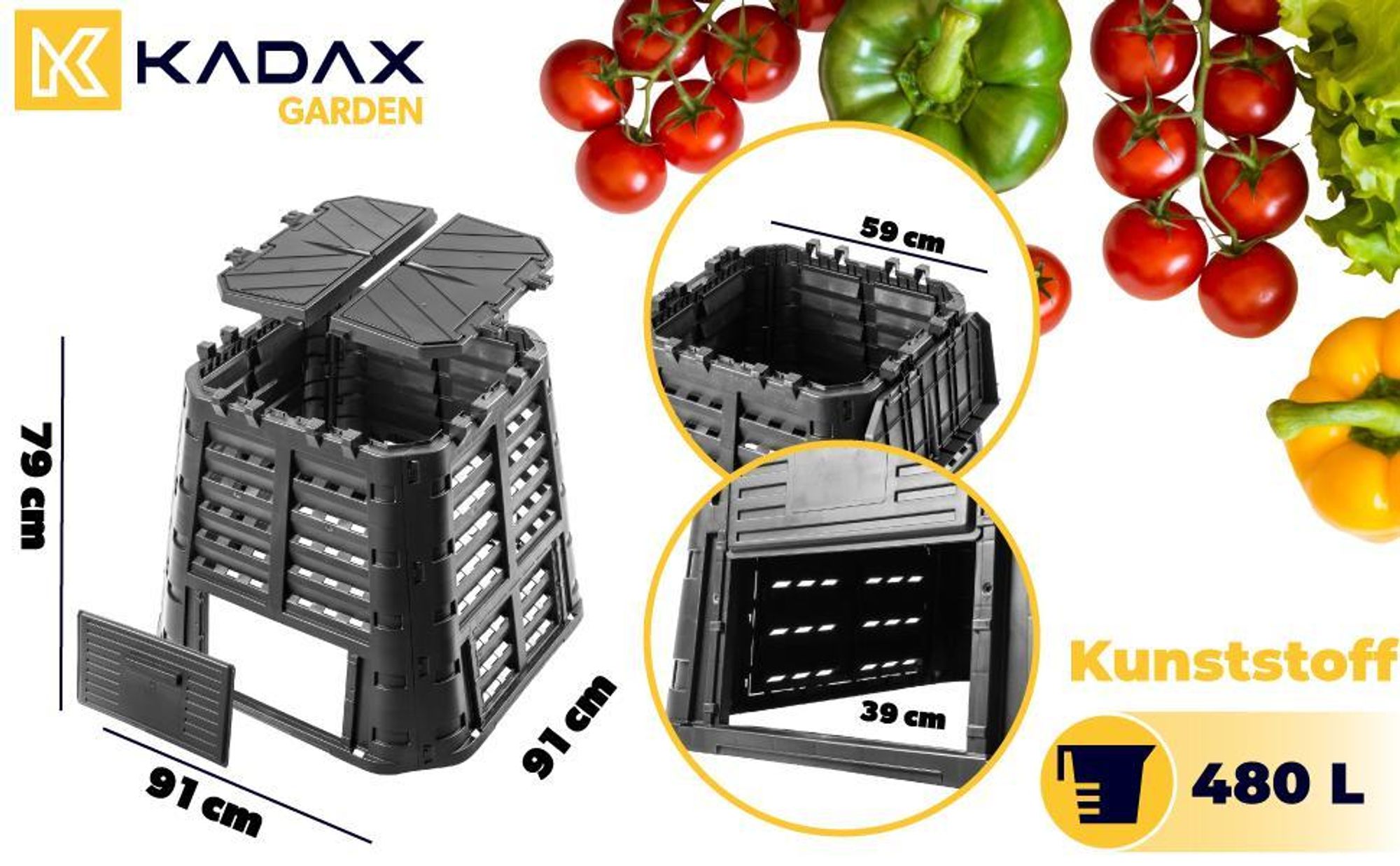 KADAX Komposter aus Kunststoff "Boko", witterungsbeständiger mit Deckel, Schwarz, 480L