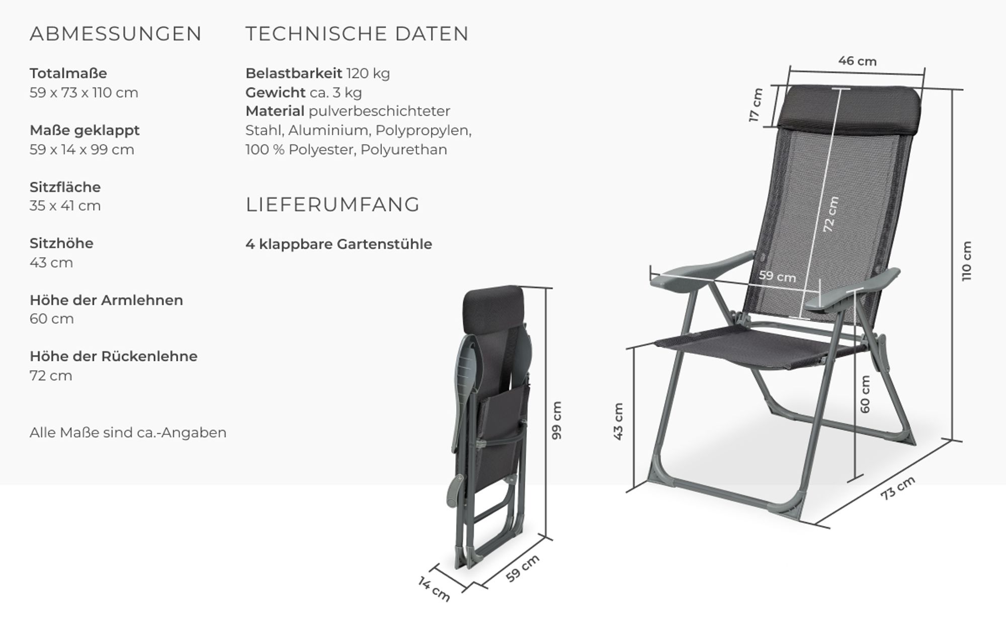 tectake® 4 Aluminium Gartenstühle klappbar mit Kopfteil