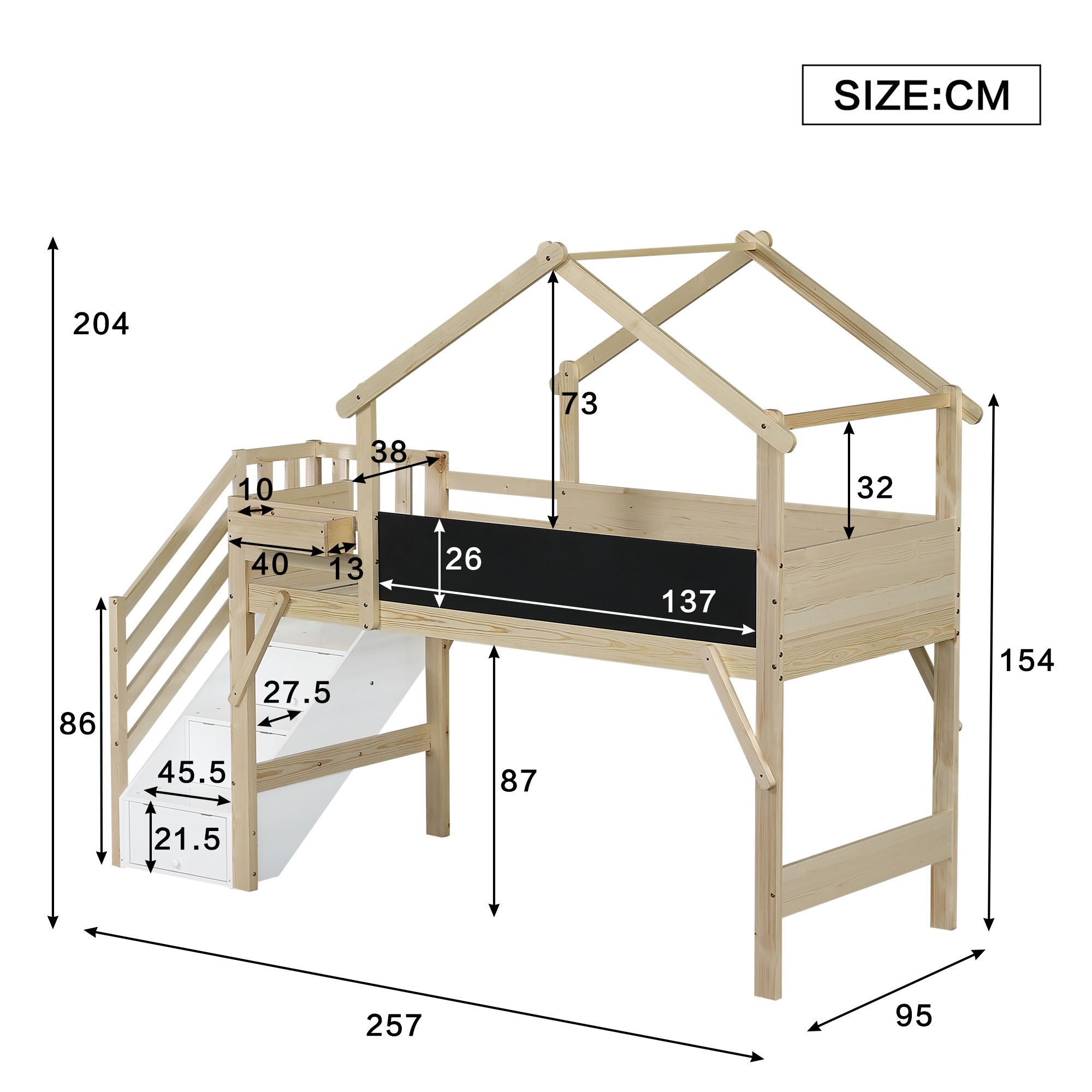 Flieks Etagenbett 90x200cm mit Kreidetafel, Kinderbett Hausbett mit Regal und Rausfallschutz, Hochbett Stockbett mit Lattenrost, Einzelbett Holzfarbe