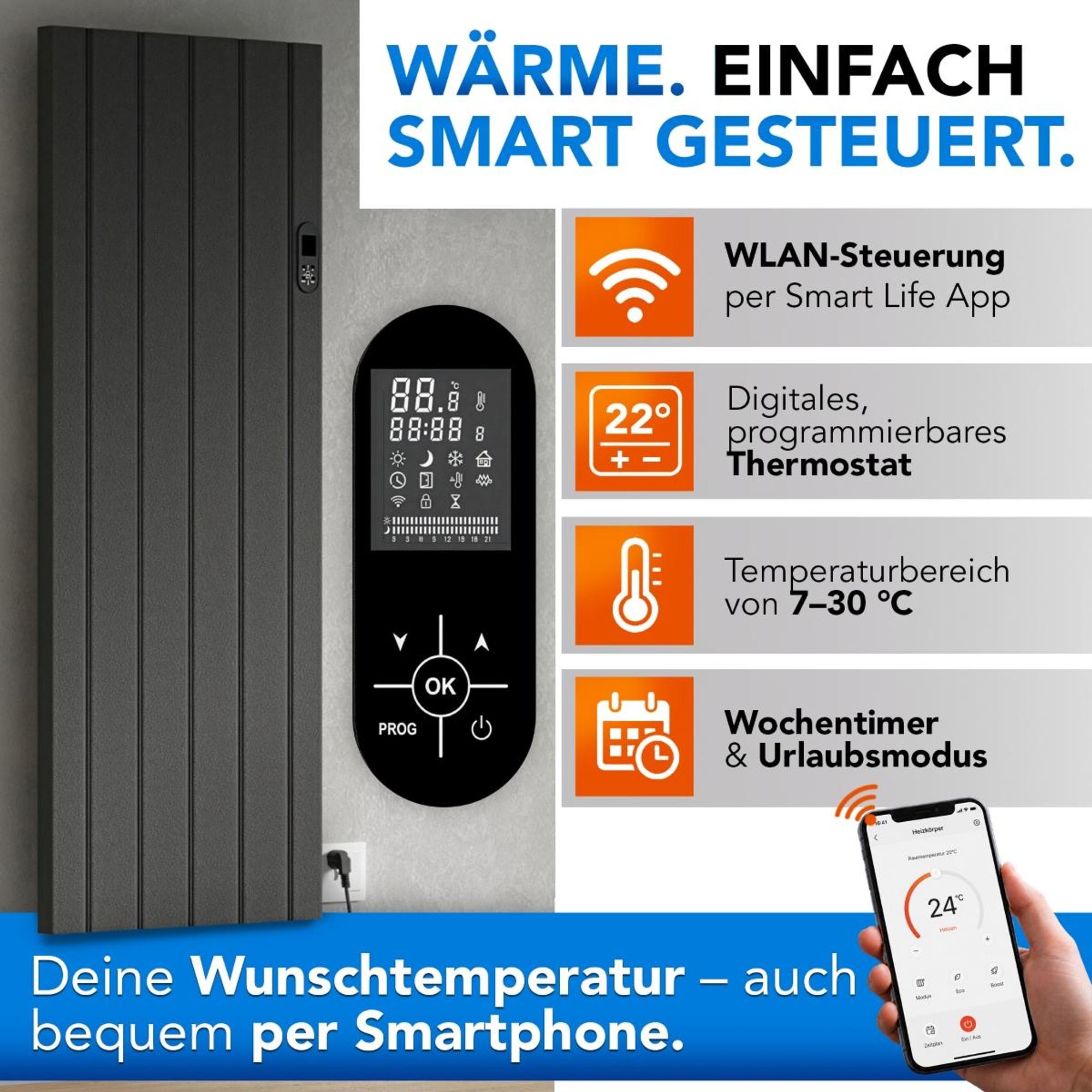 BELVIT Elektroheizkörper 2000 W Mattschwarz mit Smart WLAN und digitalem Thermostat