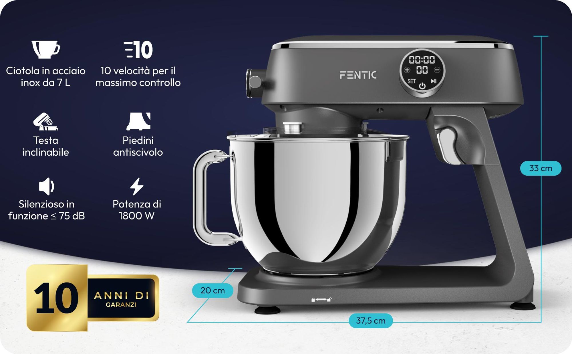 Fentic Impastatrice Planetaria 1800W, Ciotola Inox 7L, Robot da cucina per pane e pizza, 10 velocità con timer & Paraspruzzi