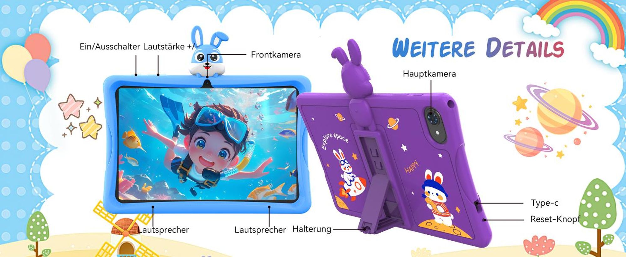Tabwee K10, 10.1" Kinder Tablet, 4GB+128GB, Android 16, WiFi Tablet für Kinder, mit Schutzhülle und Stift, 5000 mAh, Google Kids Space