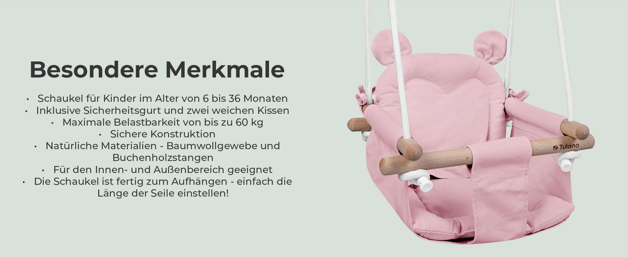 Tulano Hop 30 | Bär Babyschaukel Kinderschaukel | Indoor Outdoor | Sicherheitsgurt | Tragfähigkeit bis 60kg | von 6 bis 36 Monaten | aus Holz | Rosa