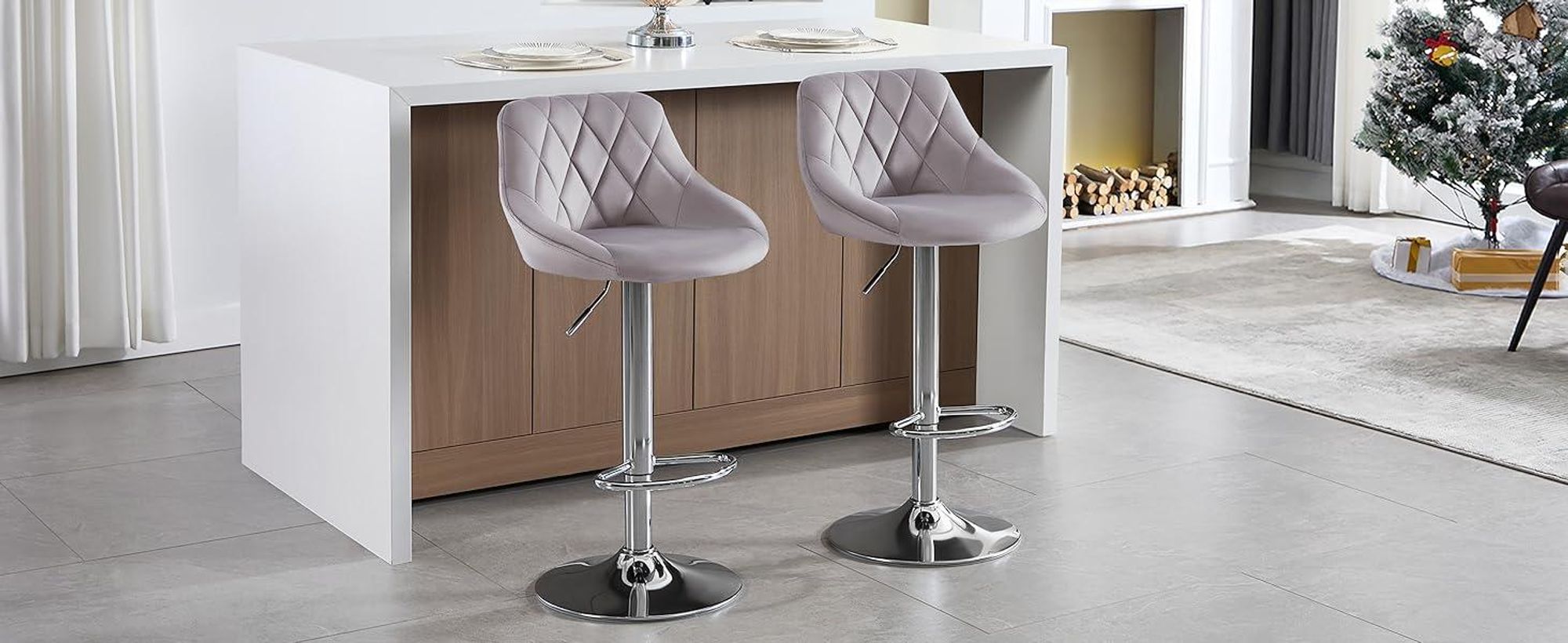 2er-Set Barhocker,aus Samtstoff,für Bar, Theke Und Küche,hellgrau