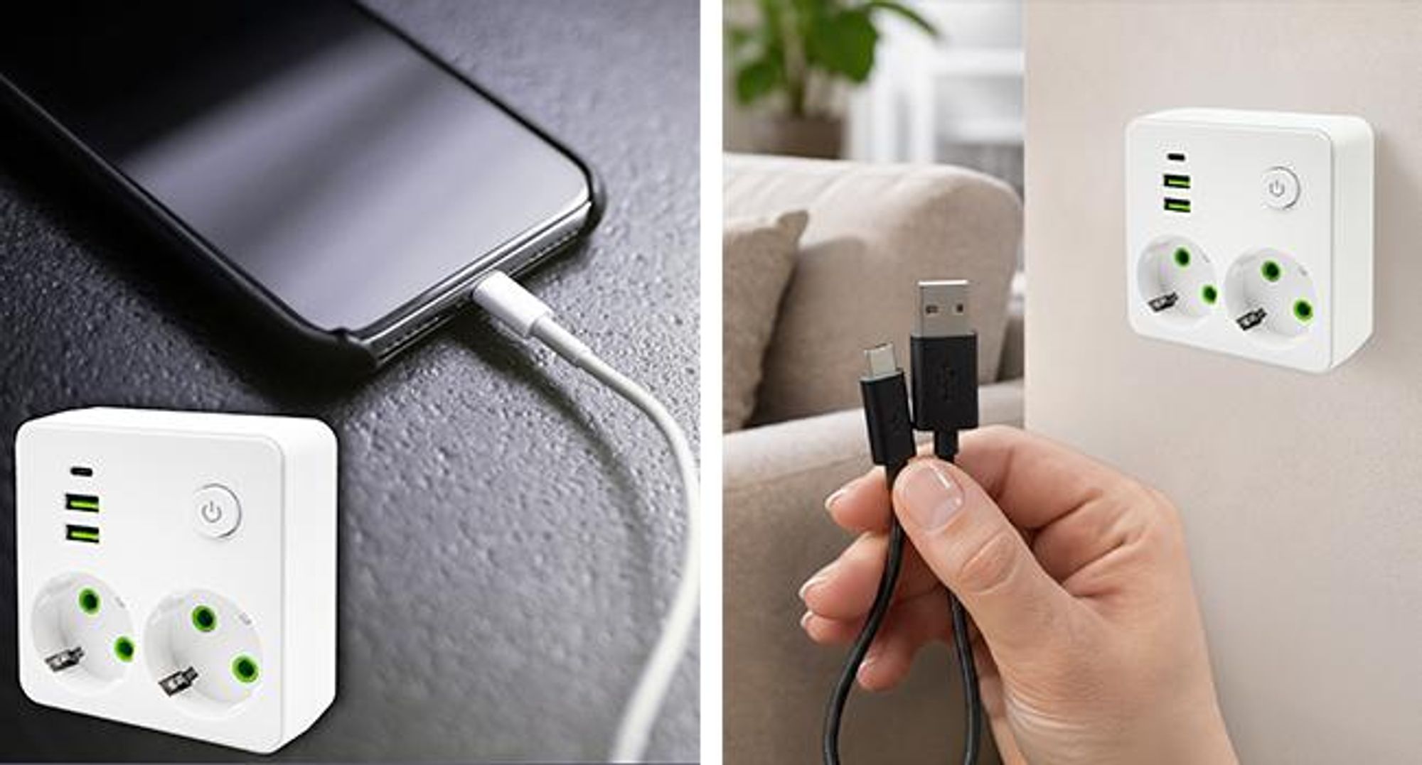 KRUMAD Steckdosenadapter 5in1 mit USB und USB-C, Mehrfachstecker Doppelsteckdose, 2-fach Steckdosenadapter ohne Kabel, kompakter Multistecker Weiß