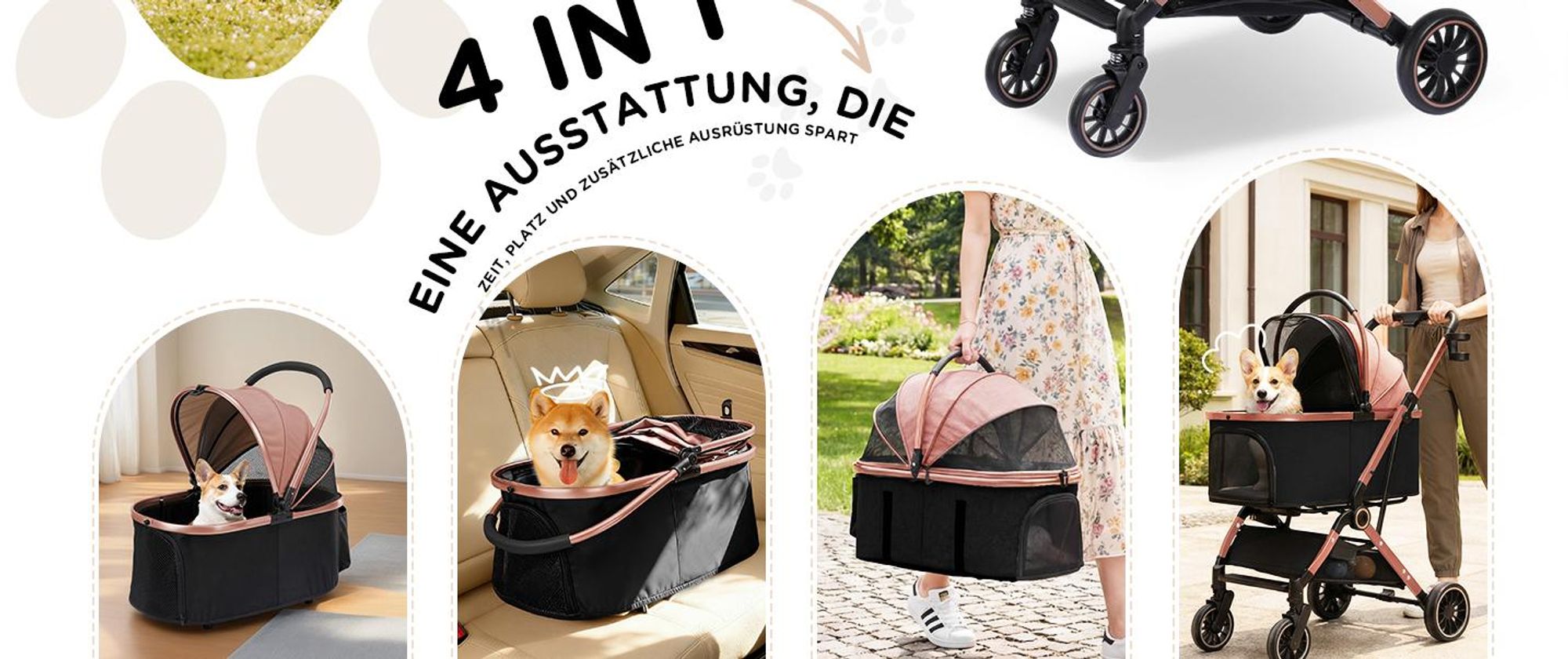 COMHOMA Hundebuggy klappbar bis 25KG, 360°schwenkbares EVA-Vorderrad und Hinterradbremsen, 4-in-1 Hundewagen, Faltbar Katzenwagen Roségold
