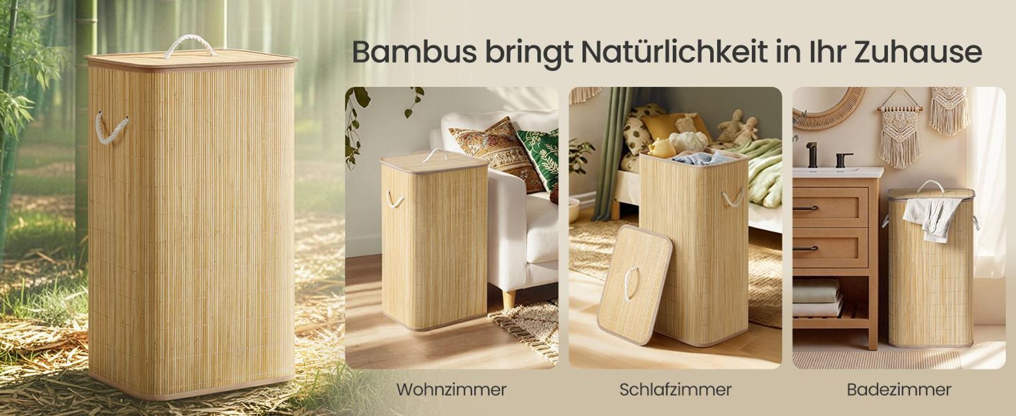 SONGMICS Wäschekorb mit Deckel, 60 L, Wäschesammler Bambus, rechteckig, Wäschebox mit Griffen, faltbar