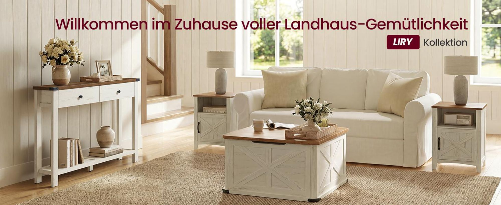 VASAGLE Konsolentisch, Beistelltisch, mit Ablage, schmaler Konsolentisch, mit 2 Schubladen, für Wohnzimmer, Landhausstil, Weiß-Braun