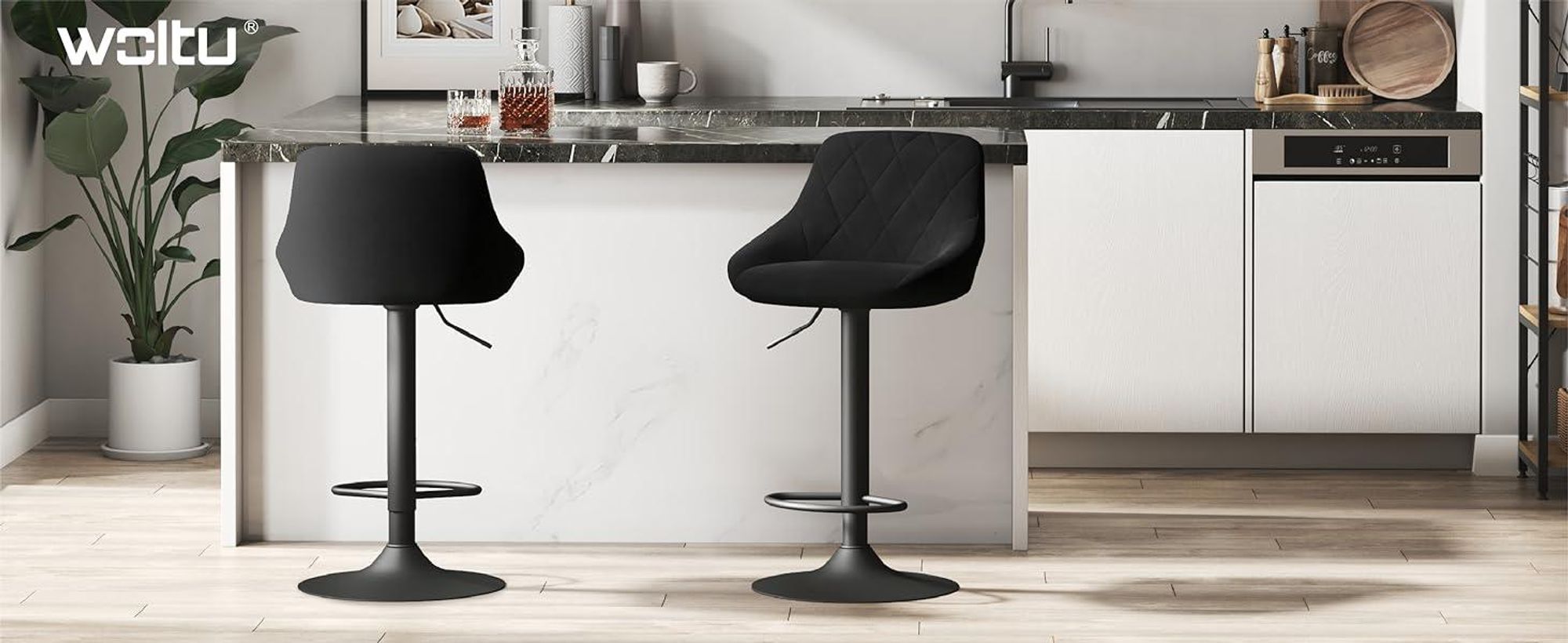 WOLTU Barhocker 4er Set, Barstuhl, Gute gepolsterte Sitzfläche aus Samt, Höhenverstellbar, 360° Drehbar, Schwarz