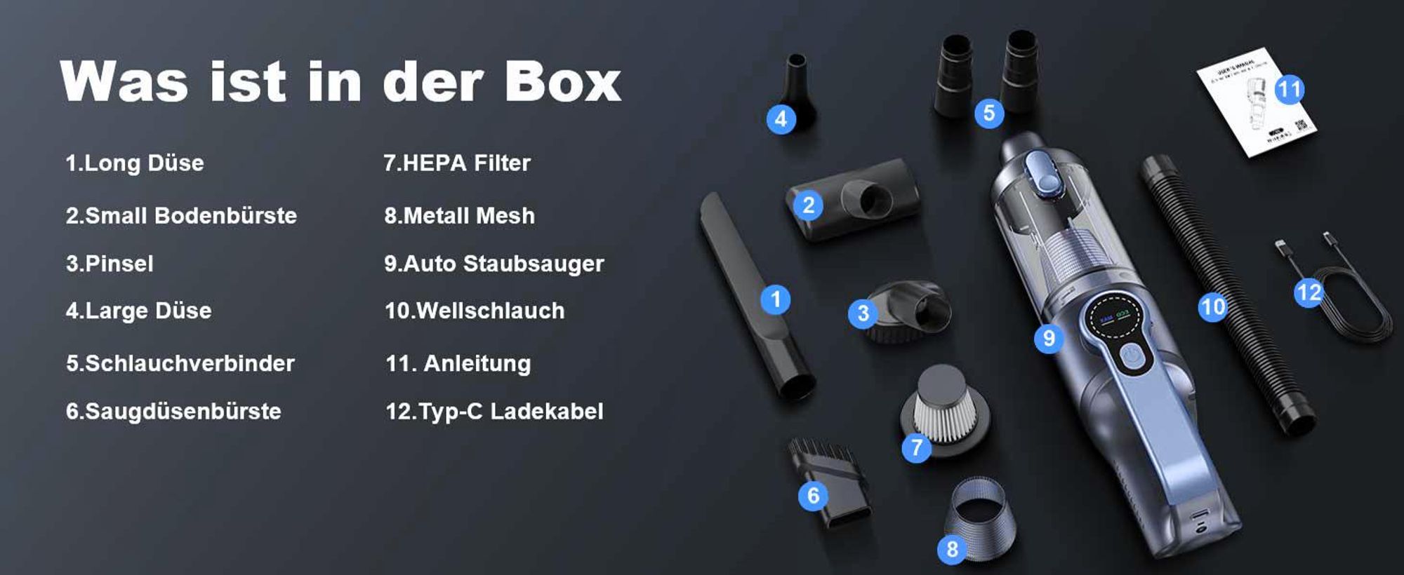 Handstaubsauger Akku 4-in-1, 18000Pa, 130W kabelloser Autostaubsauger, 6000mAh, Staubsauger mit Bürstenloser Motor, für Tierhaare, Auto, PC,Sofa, Haus