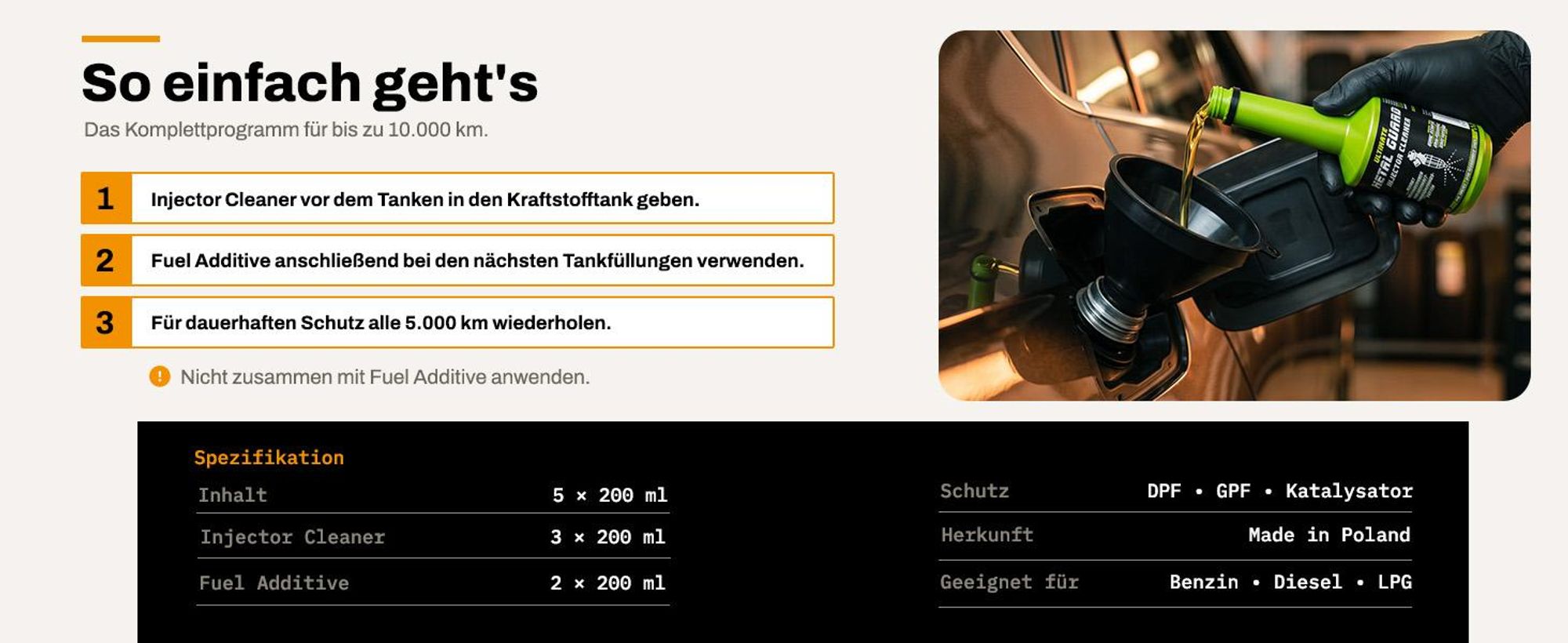 Metal Guard Kraftstoffadditiv Set 1000 ml Diesel Benzin LPG Injektorreiniger DPF FAP für 10.000 km Einspritzdüsen Schutz
