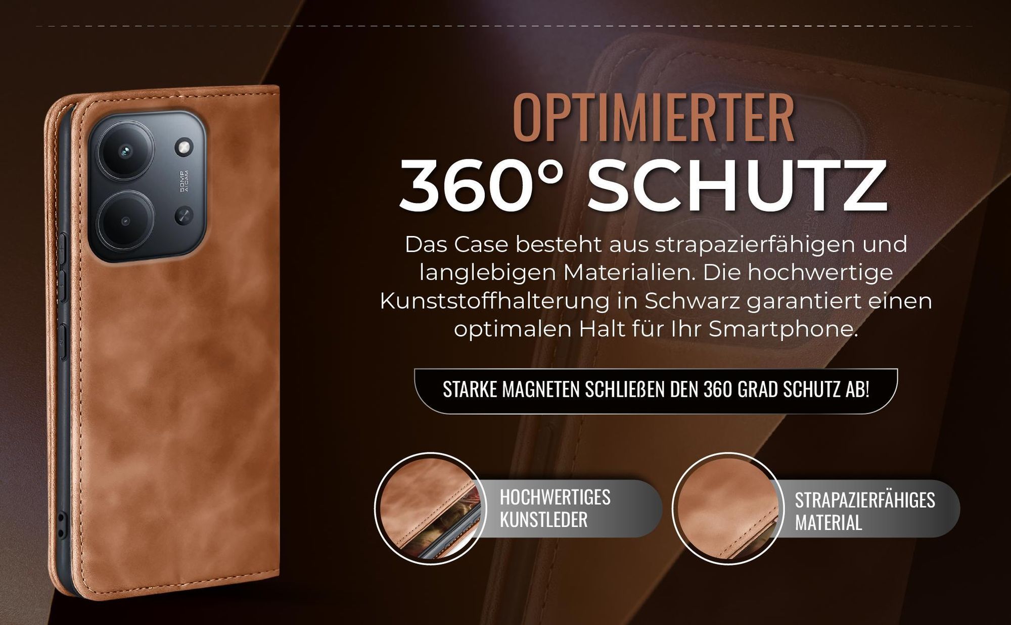 Hellbraune Handyhülle für Xiaomi Redmi 15C mit 360 Grad Schutz