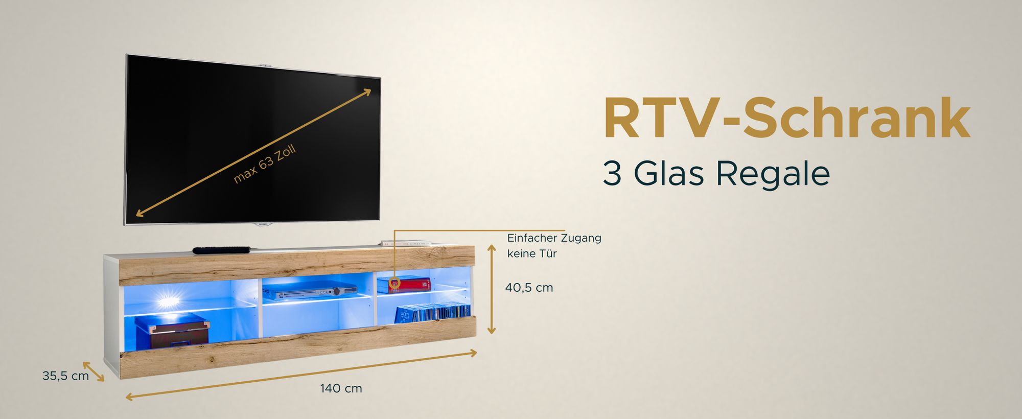 Komodee | Wohnwand mit TV-Schrank und Vitrine Tivoli Set Medio, Korpus Weiß Matt Frontfarbe Wotan Matt, LED Blau