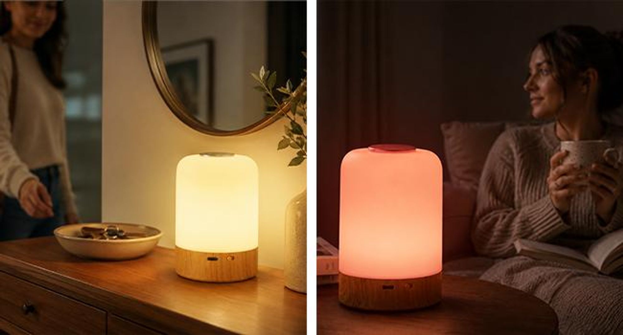 KRUMAD LED Tischlampe mit 13 Farben, Nachtlicht, Touch Steuerung und Fernbedienung, Holzoptik, dimmbare Nachttischlampe USB für Schlafzimmer