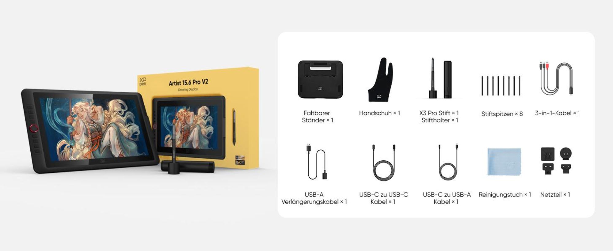 XPPen Artist 15.6 Pro V2, Kabelgebunden, 5080 lpi, 340,99 x 191,81 mm, USB, 1 cm, Stift, Berührung