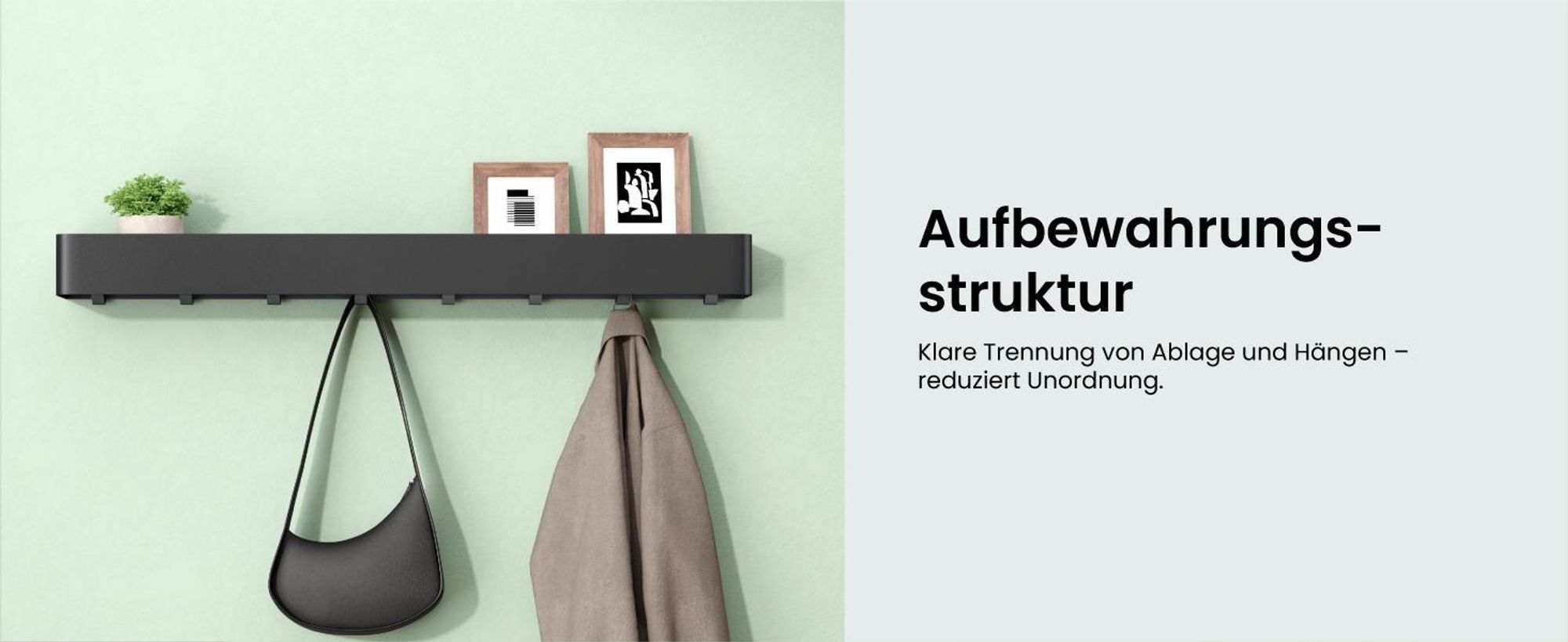 Mai & Mai Wandgarderobe mit Ablage und 4 Haken, Garderobenleiste 40 cm zur Wandmontage, Kleiderhaken für Flur, Badezimmer Sandschwarz Reglo-05
