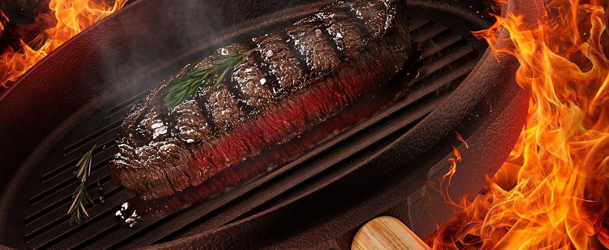 Das Bild zeigt, dass der Dutch Oven auch als Pfanne mit Grillrost-Struktur verwendet werden kann.