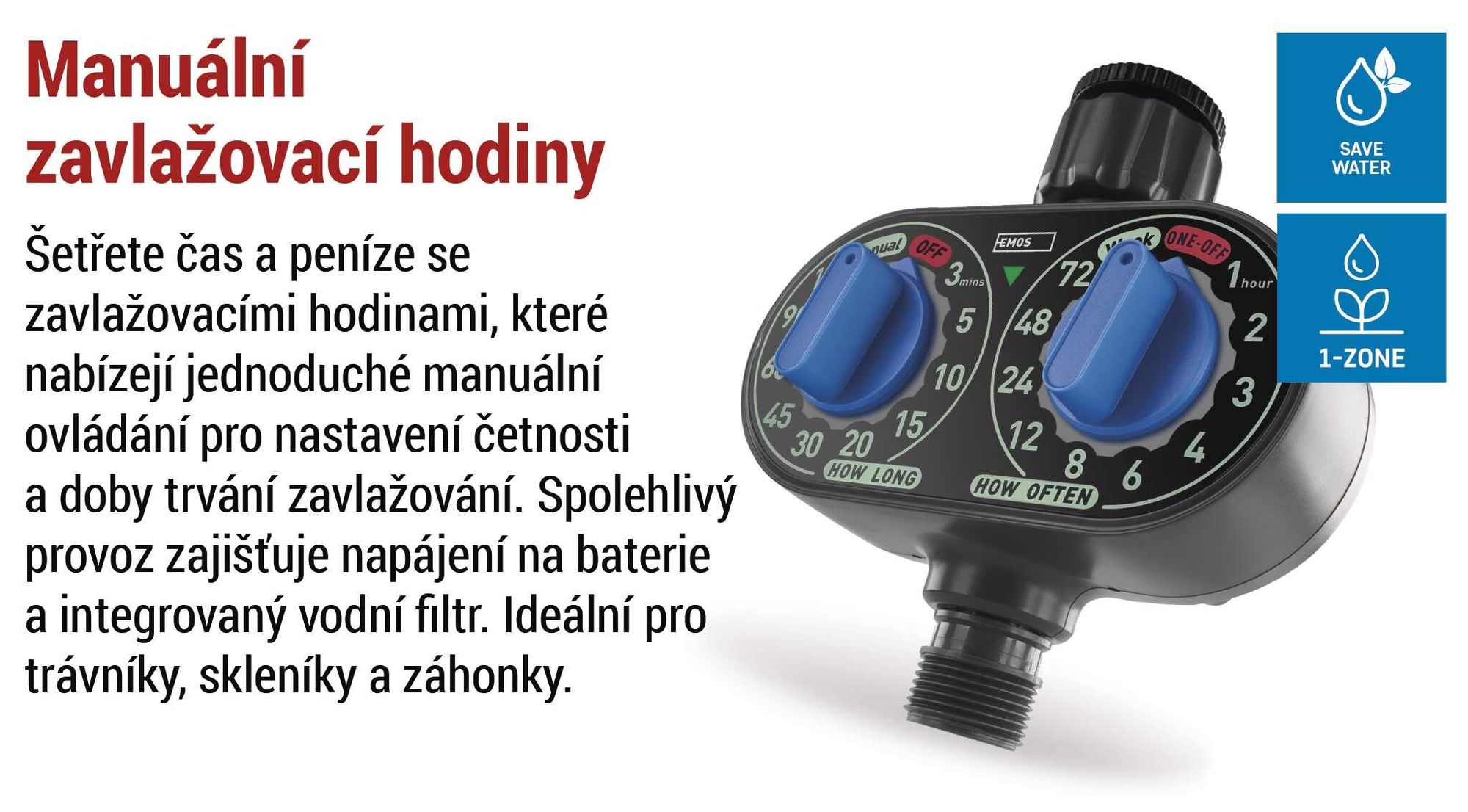 EMOS Mechanické zavlažovací hodiny s 1 výstupem, napájené baterií, do 8 barů, 35 l/min, 3-120 m každých 1-72 h, pro 1″ nebo 3/4″ závit, PW56001