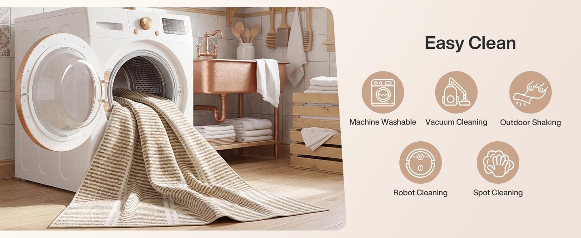 Tapis Tribesigns à poils courts lavable, 160 x 230 cm, ultrafin, motif rayé, style cottage, antidérapant, salon, chenille, Oeko-Tex, beige