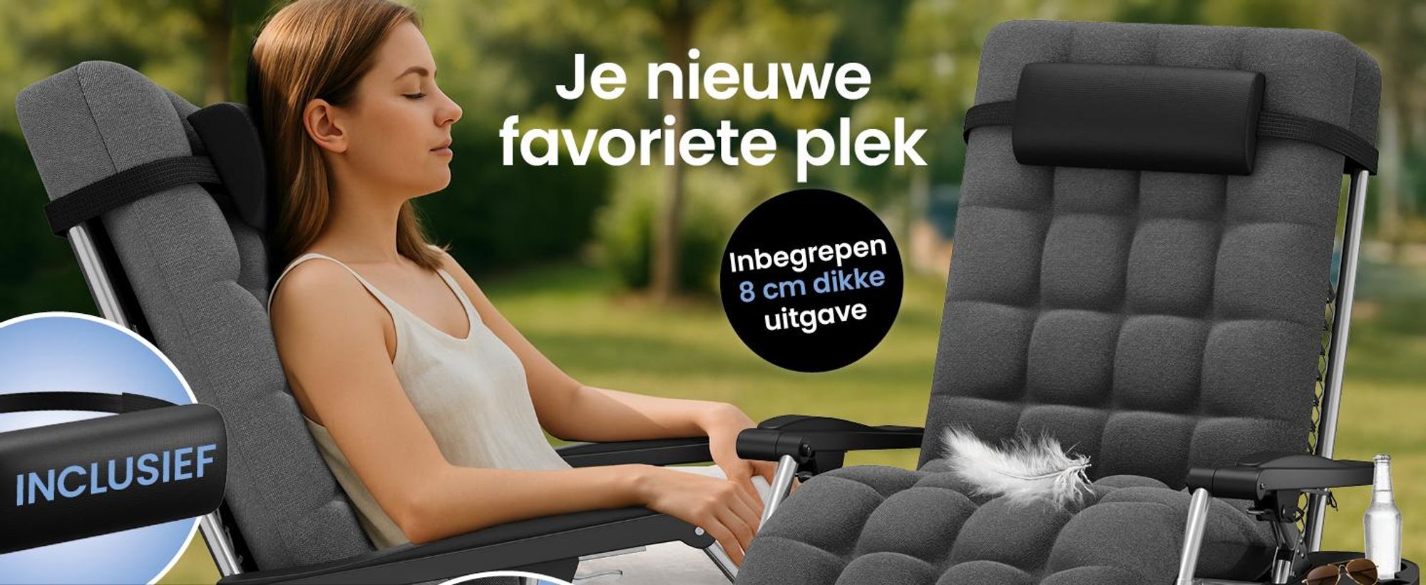 ELONEO Ligbed, inklapbaar, met premium bekleding, weerbestendige ligbed met een draagvermogen van 200 kg, extra brede tuinstoel met bekerhouder, zwart