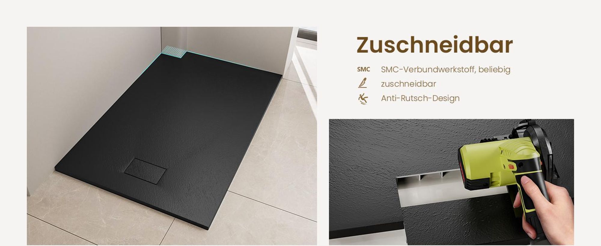 EMKE Duschwanne Flach Rechteckig 140x90cm Duschtasse mit Rutschfeste Struktur in Schwarz Steinoptik