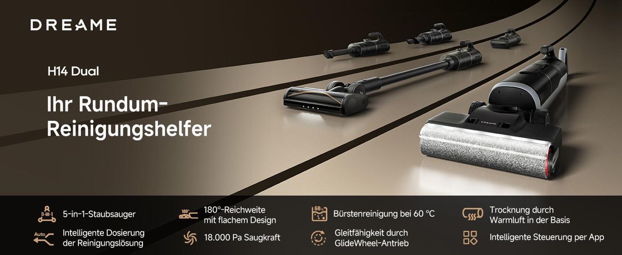 DREAME H14 Dual Nass- und Trockensauger, 5-in-1,180° Liegeposition, 18000 Pa Saugleistung,60 °C heißes Wasser,Reinigung mit zwei Kanten,App-Steuerung