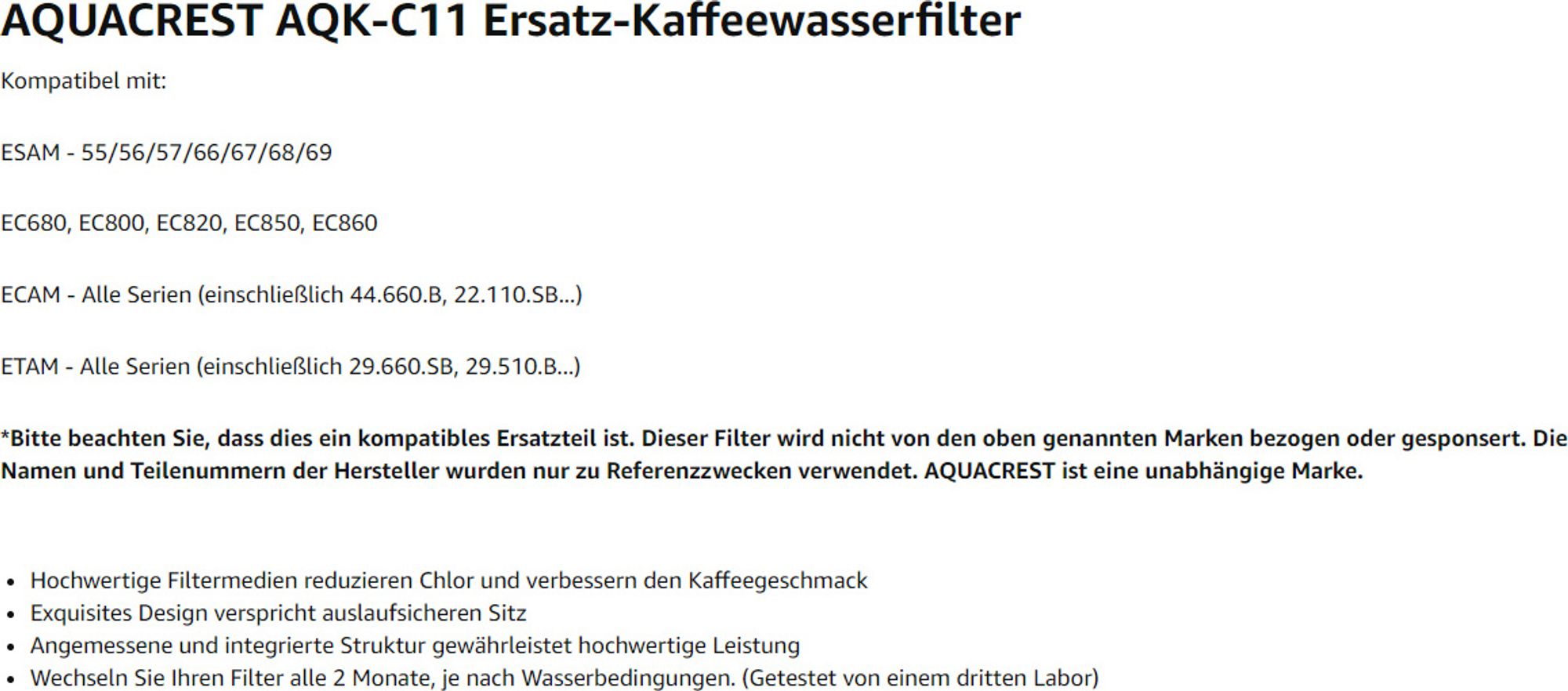 AQUA CREST AQK-11 Kompatibler Kaffeemaschinenwasserfilterersatz für DeLonghi DLSC002, SER3017 & 5513292811 - einschließlich Versionen der ECAM (6)