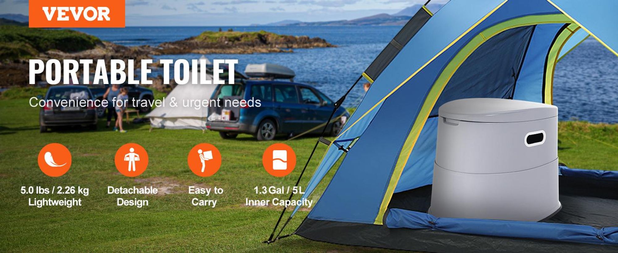 VEVOR Tragbare Toilette für Camping, Porta Potty mit 1,3 Gallonen abnehmbarem Inneneimer & abnehmbarem Papierhalter, Kommode mit doppelten Deckeln, Reisetoilette für Erwachsene und Kinder für Outdoor-Camping, Auto und lange Roadtrips, Toilettenpapier+Handyhalter und Tragfähigkeit: 300 lbs, Nein