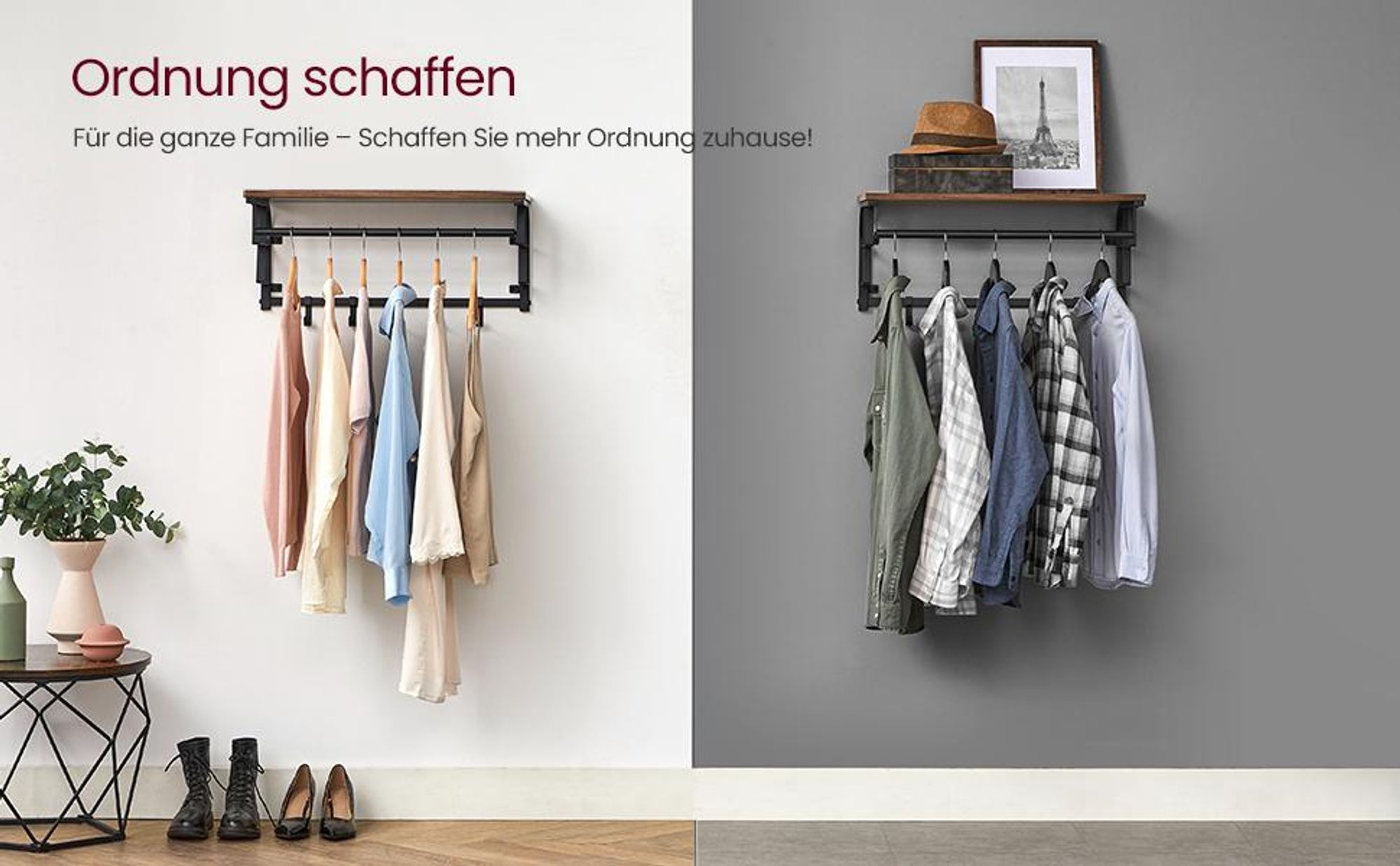VASAGLE Wandgarderobe Wandregal mit 5 abnehmbaren Haken, Hängeregal mit Hängestange