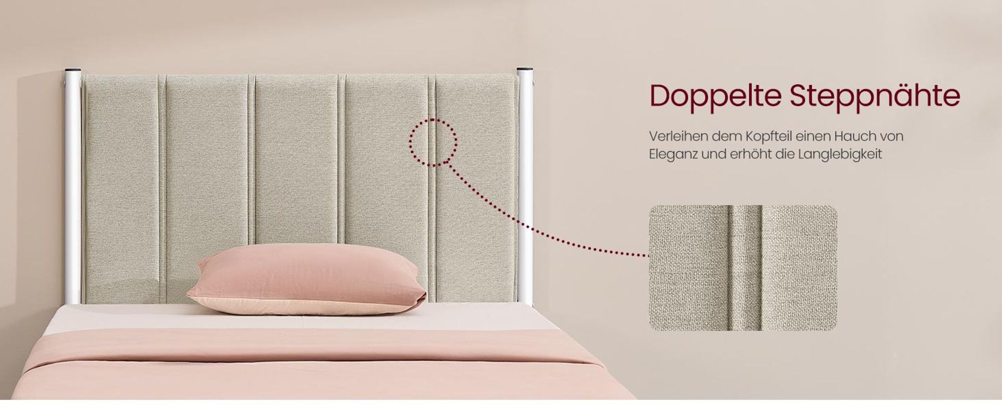 VASAGLE Einzelbett, Bettgestell, 90 x 200 cm, mit gepolstertem Kopfteil, Bettrahmen, Stahl, trägt bis zu 250 kg, beige