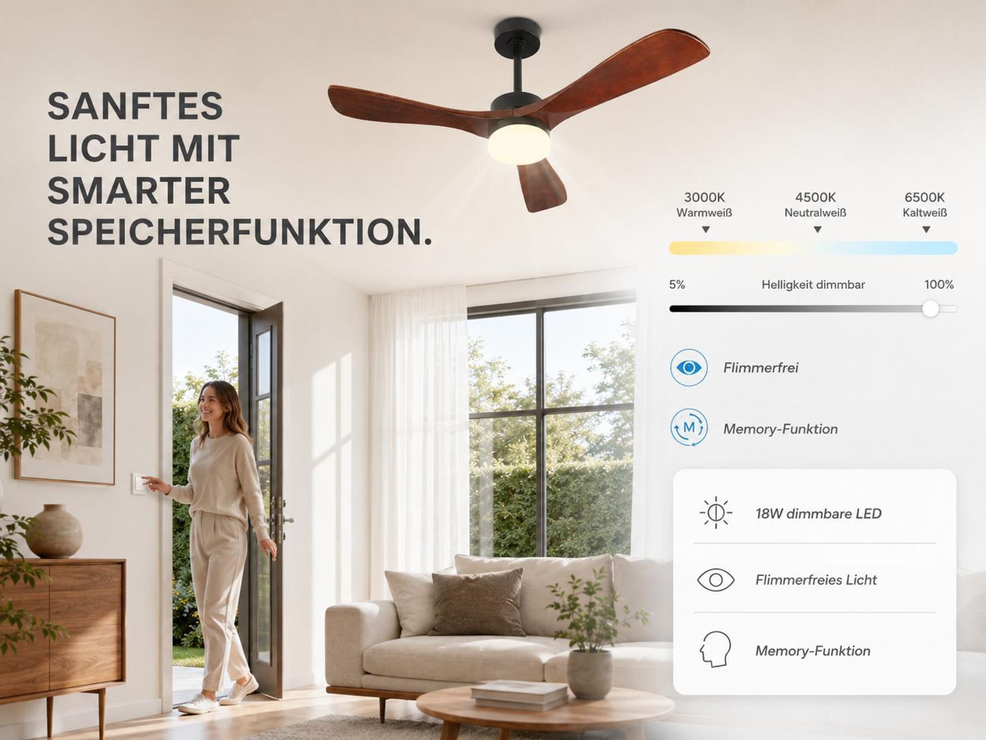 Ø106cm Echtholz Deckenventilator mit Beleuchtung 3 Flügel Ventilator Lampe Decke Smart APP & Fernbedienung 6 Stufen 3 Farben Wohnzimmer Schlafzimmer