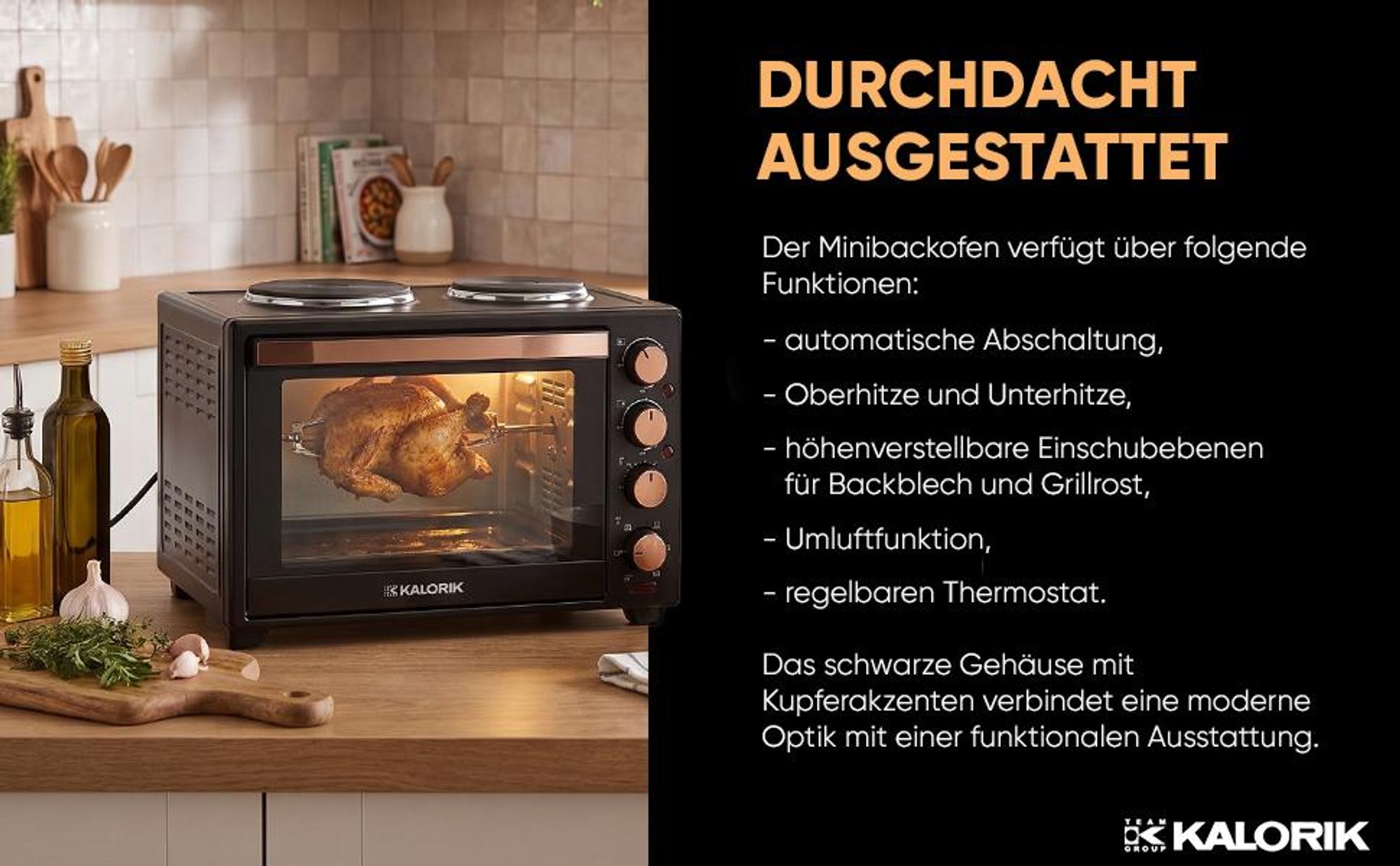 Minibackofen, 30 l, Heizplatten, Förderband, Drehspieß, 3300 W KALORIK
