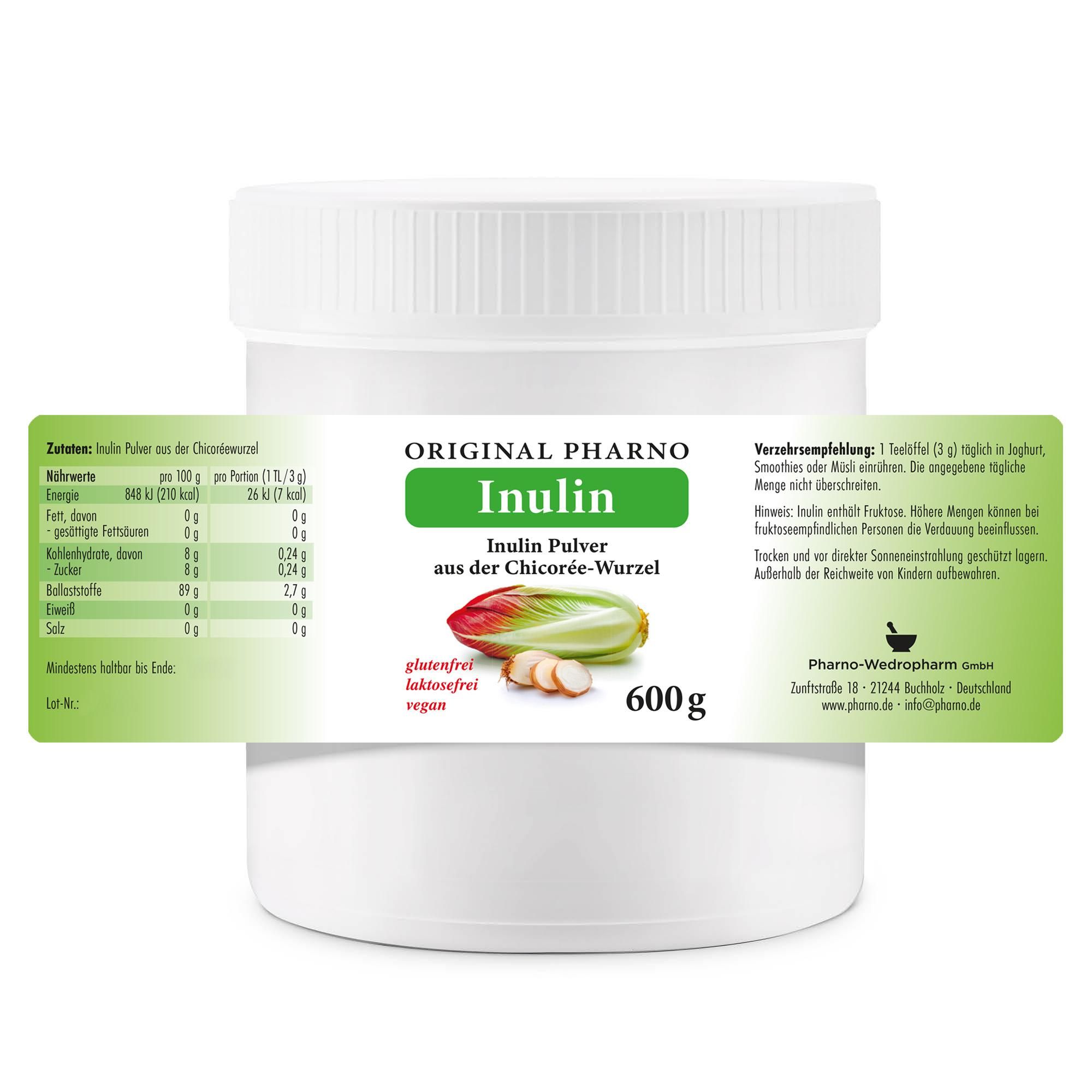 Inulin Pulver 600 g – Pures Inulinpulver, pflanzlicher Ballaststoff aus der Chicorée-Wurzel, vegan – ohne Zusatzstoffe – Original Pharno
