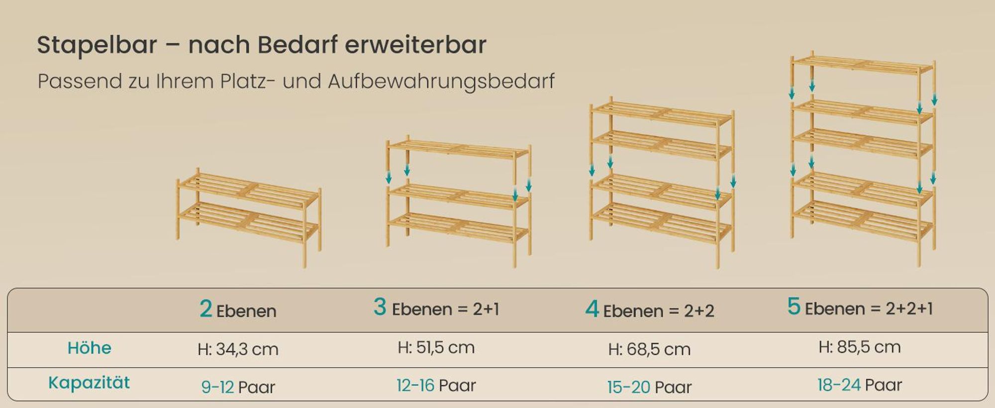 SONGMICS Bambus Schuhständer, stapelbares Schuhregal 3 Ebenen, platzsparend für Flur, Schlafzimmer, Wohnzimmer, naturfarben