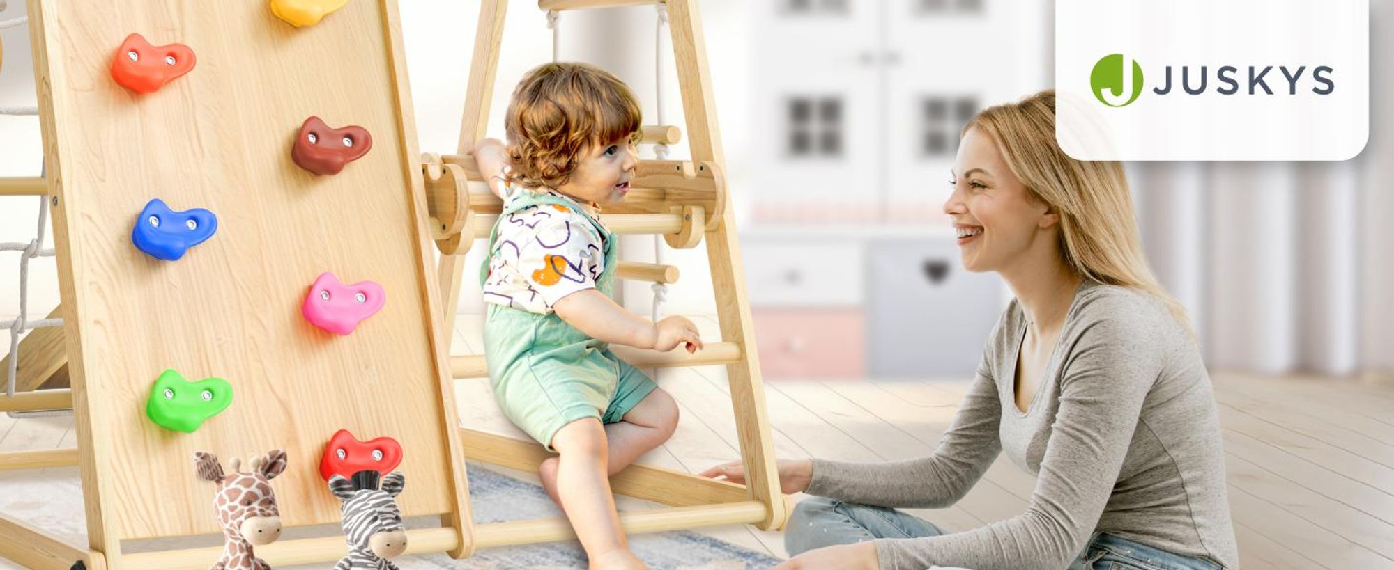 Juskys Mini Klettergerüst für Kinder - Rutsche, Kletterwand & Turnringe - Natur