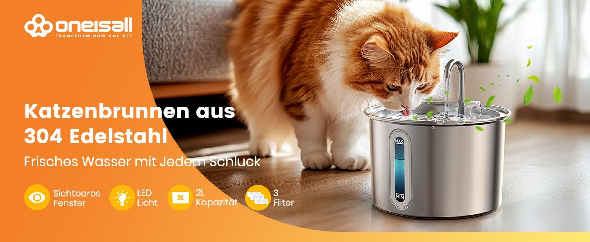 Oneisall – Katzenbrunnen Edelstahl, 2L, Trinkbrunnen für Katzen