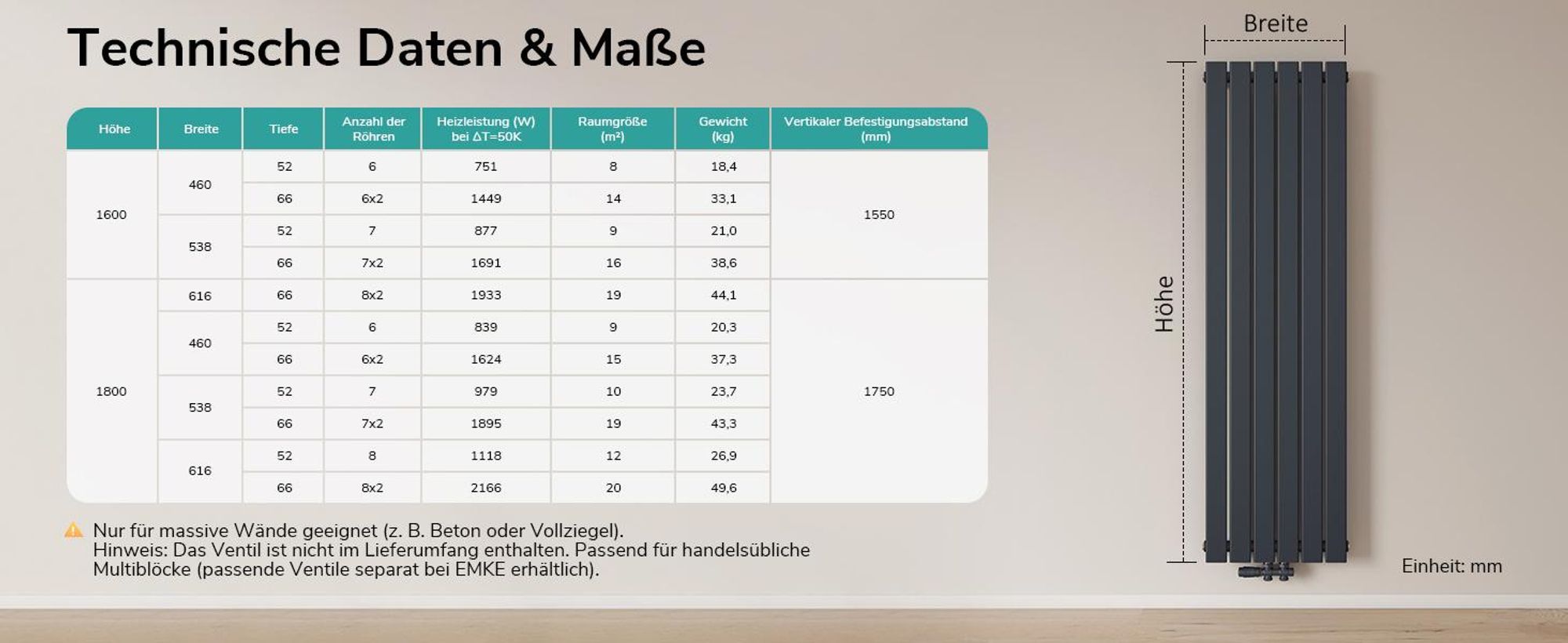 EMKE Heizkörper Flach 160 x 46 cm Einlagig 751 W Anthrazit Design Paneelheizkörper