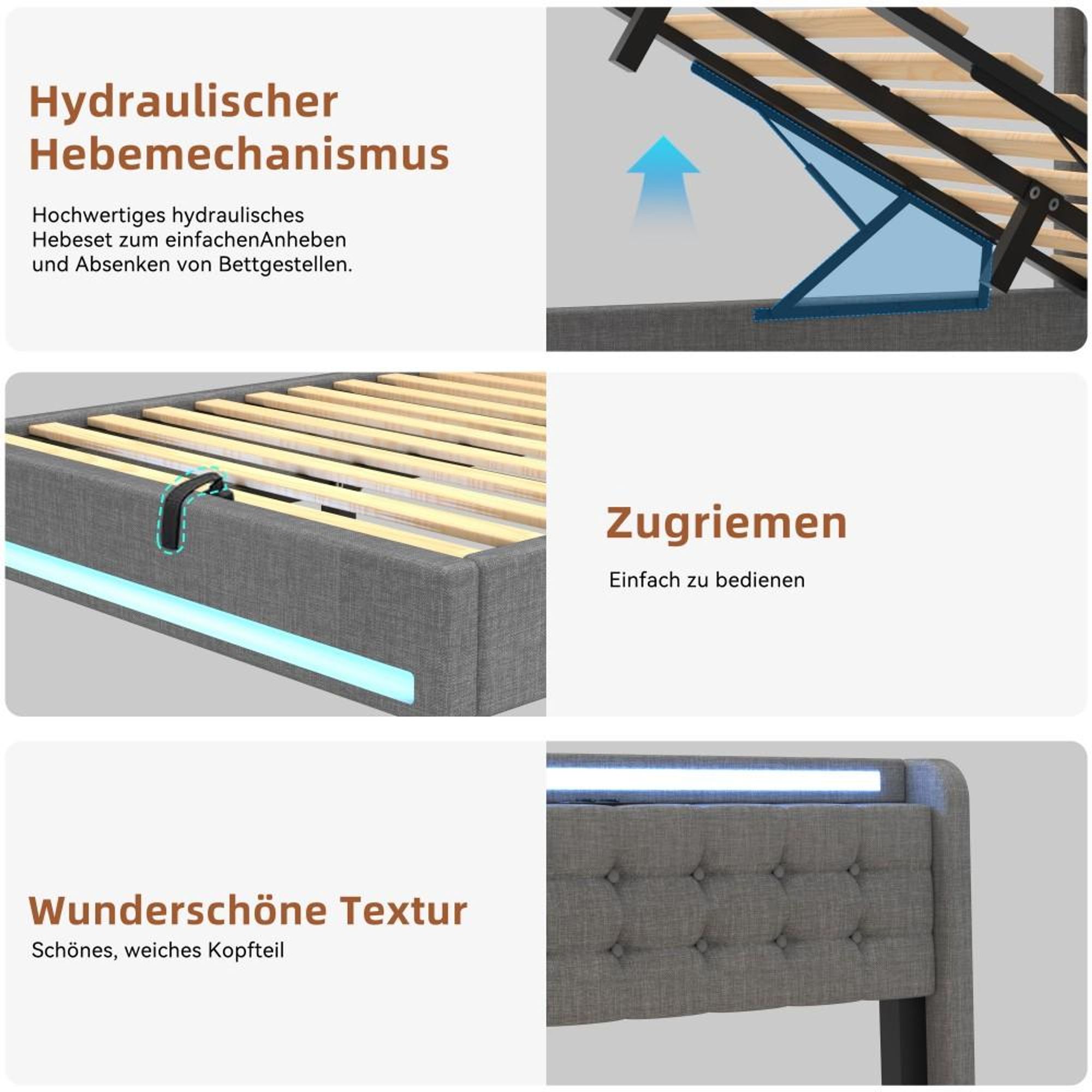 Die hydraulische Konstruktion bietet viel Stauraum unter dem Bett