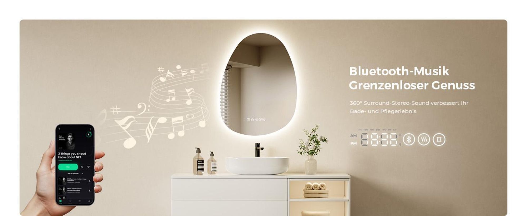S'AFIELINA 75 x 55 cm Badspiegel mit Beleuchtung Asymmetrisch mit 3 Lichtfarben dimmbar, beschlagfrei, Bluetooth, Uhr, Temperatur, Speicherfunktion