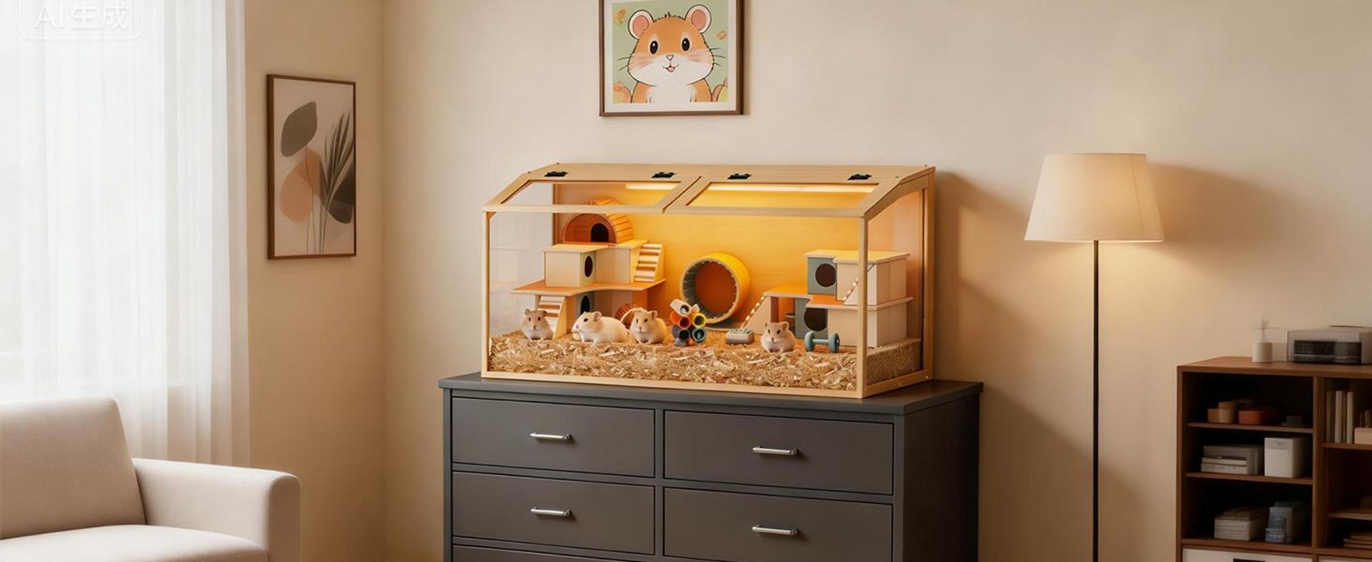 WISFOR Hamsterkäfig mit LED Leuchte, Kleintierhaus aus Holz, Mäusekäfig mit klappbarem Deckel, Sichtfenster, 100.7x50x50m
