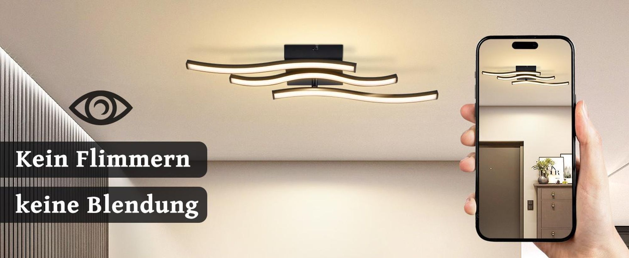 ZMH LED Deckenlampe Schlafzimmer Deckenleuchte Schlafzimmerlampe Schwarz 18W Wohnzimmerlampe 3000K Wellen Modern Küchenlampe Innen Warmweiß Flurlampe