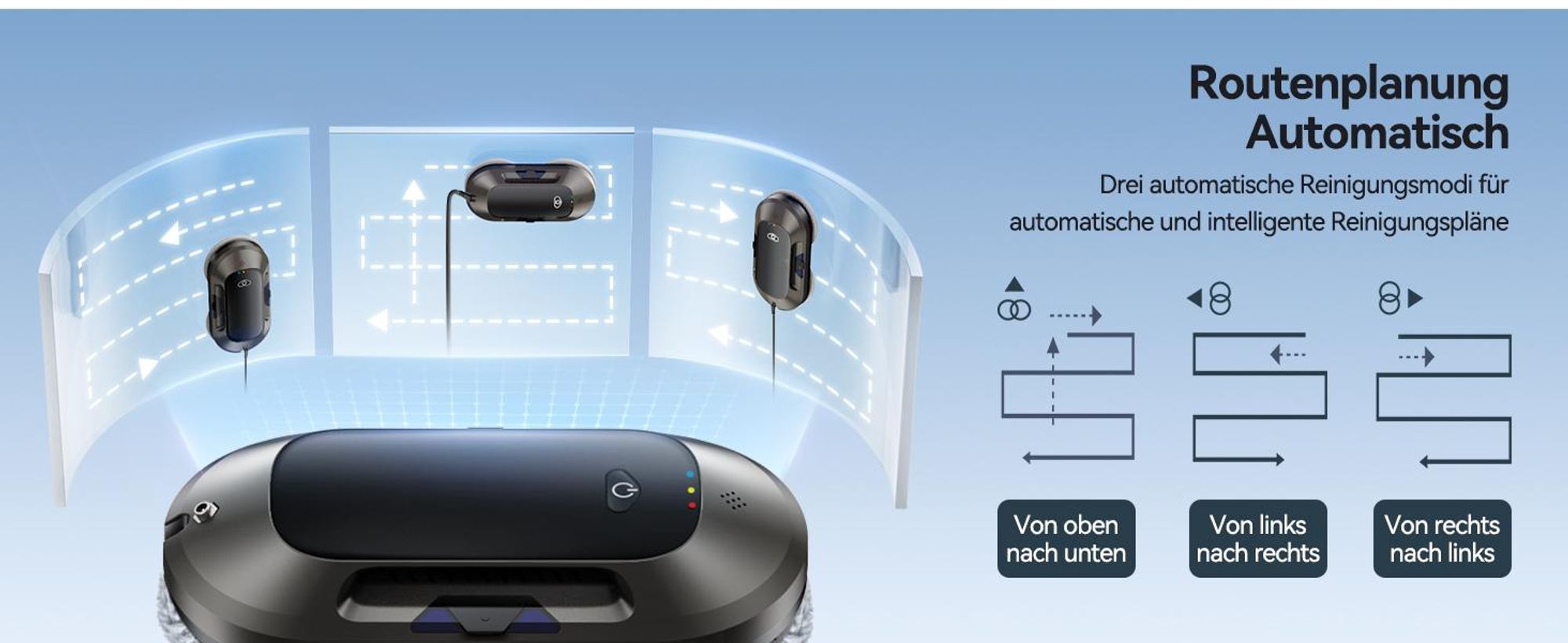 Fensterputzroboter, Fensterputzer, 6000Pa Starker Fenstersauger, 2-Wege-Sprühfunktion, USV-Stromausfallschutz, 3 Automatische Reinigungsmodi