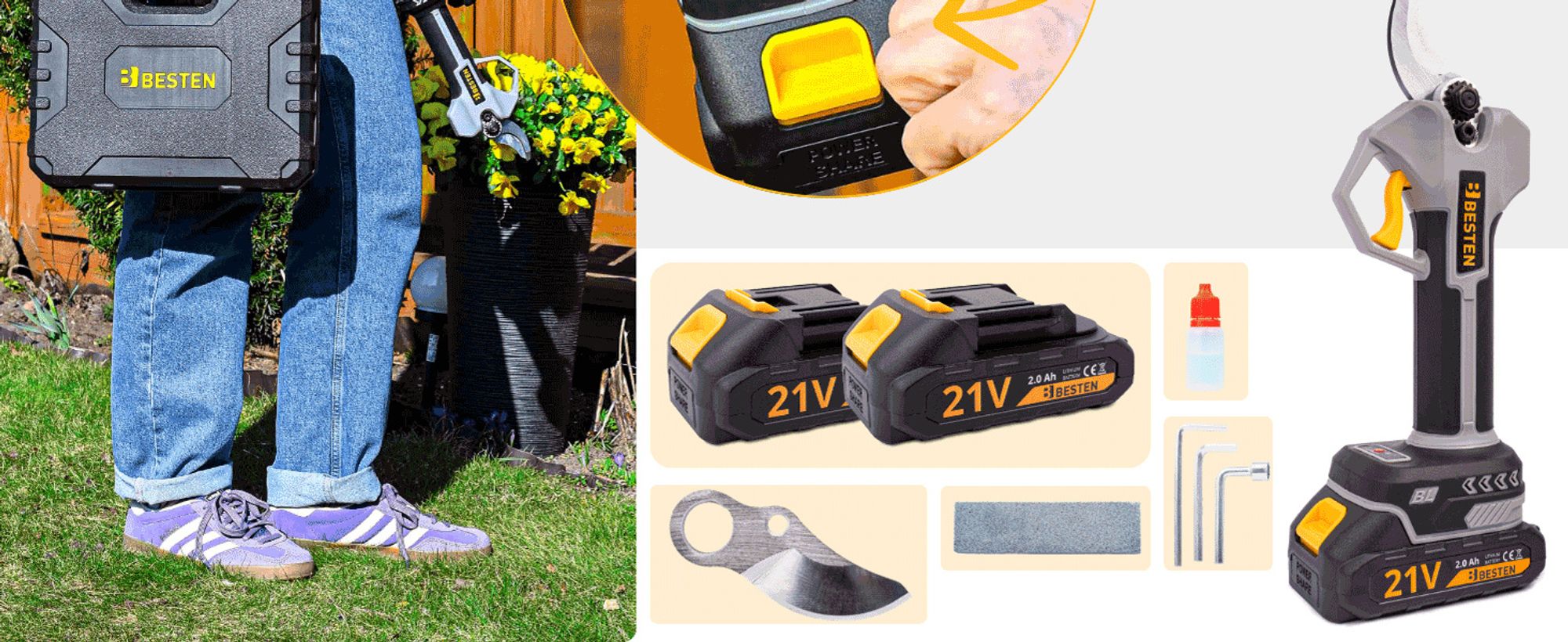 BESTEN Elektrische Astschere Akku-Gartenschere 2Xaku 2,0Ah