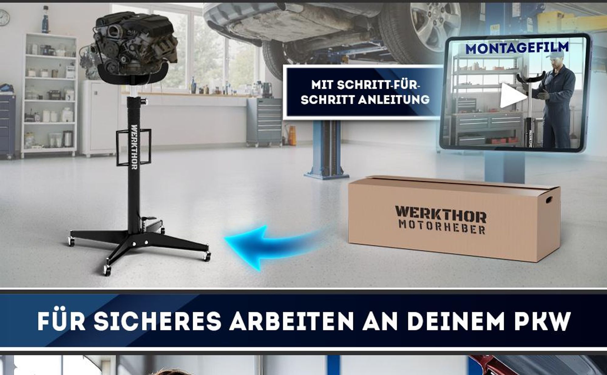 WERKTHOR Getriebeheber 500 kg hydraulisch, höhenverstellbar 113–195 cm, rollbar mit 4 Lenkrollen & Fußpedal, Kfz Motorheber, schwarz
