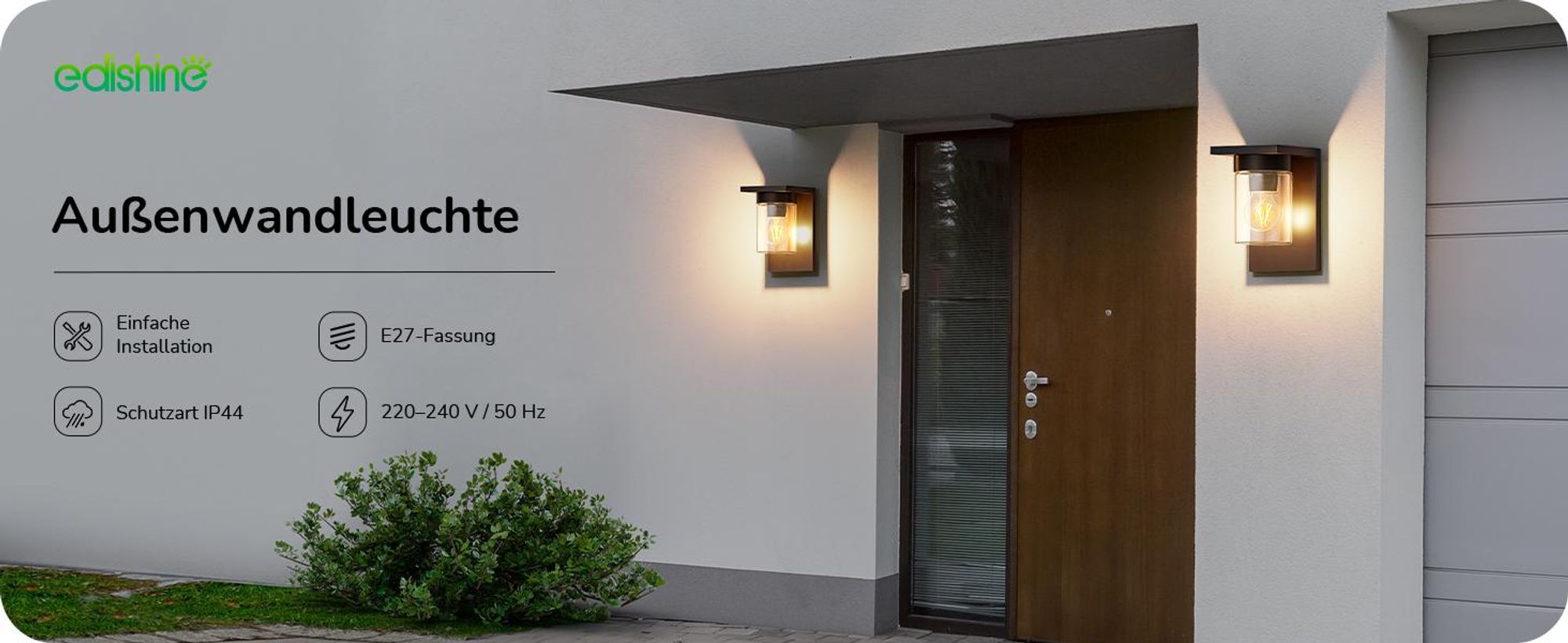 EDISHINE Wandlampe Außen, Wandleuchte mit Klarglas, IP44 wasserdicht, Moderne Außenleuchte für Hauswand Garage Vordach