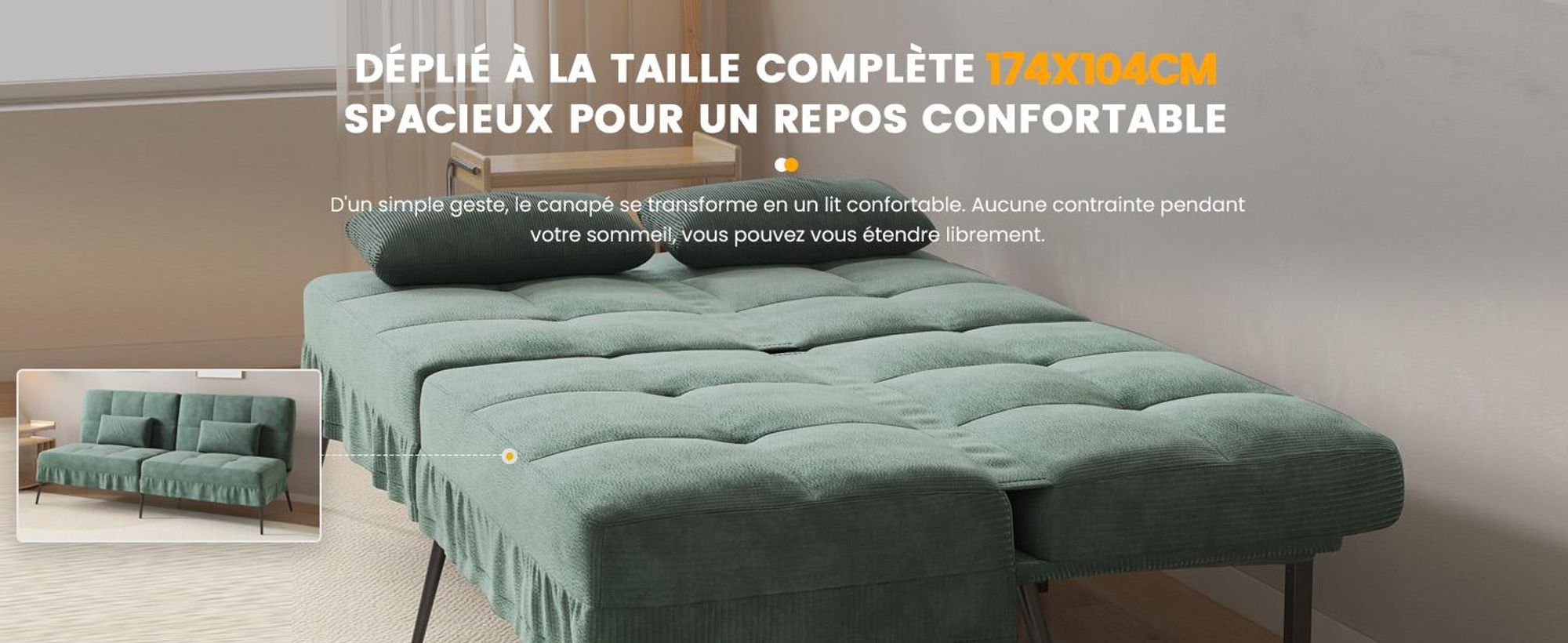 COMHOMA Canapé convertible avec fonction sommeil, canapé pliant, canapé-lit, canapé d'angle, canapé-lit, canapé 3 places, avec dossier réglable en tissu velours côtelé