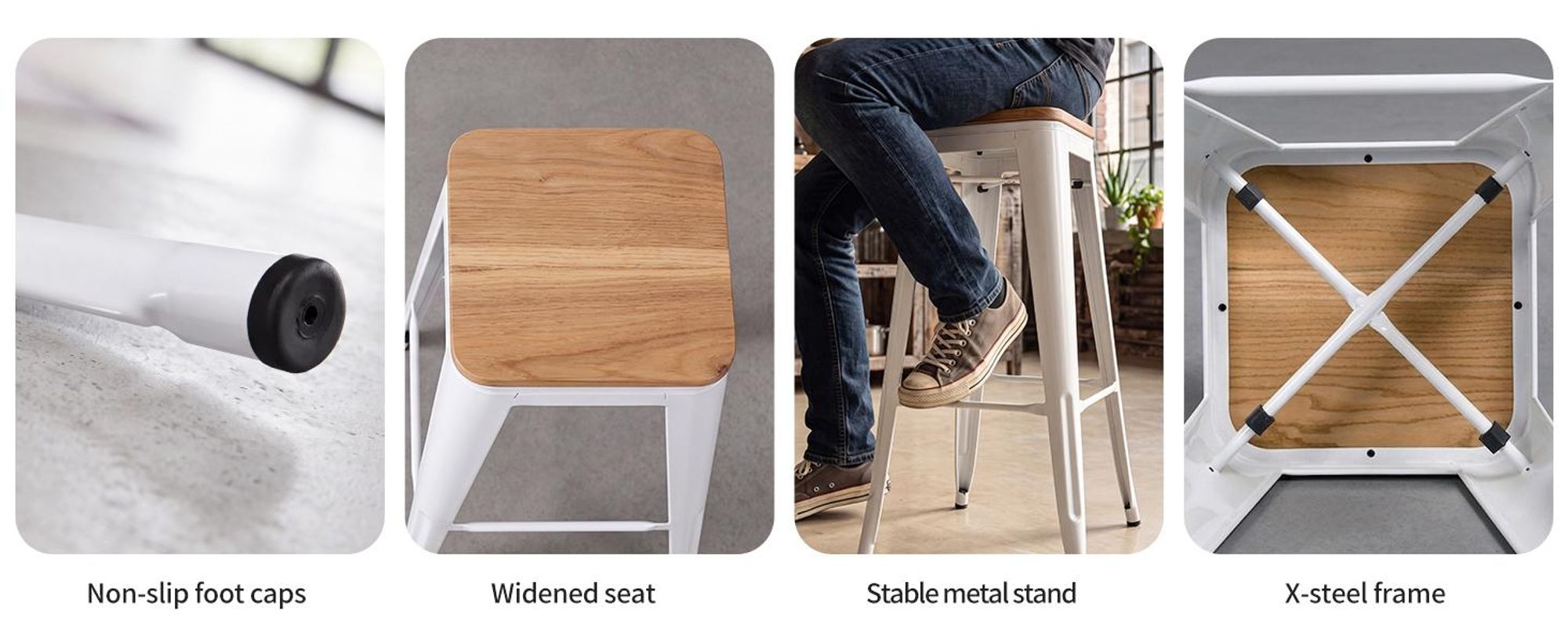 2 stuks stoel/kruk van metaal, keuze uit verschillende kleuren, met een gebruikte uitstraling. Zitting van hout. Barstoel, stapelbaar. Kleur: wit + natuurhout. Materiaal: metaal