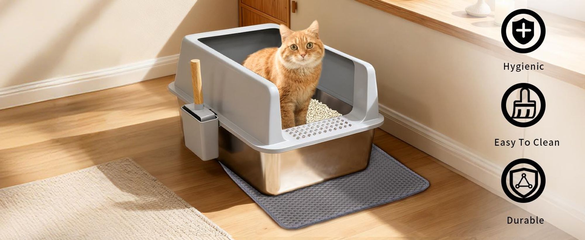 WISFOR Katzentoilette Edelstahl, Katzenklo ohne Deckel, XXL Katzentoilette offen mit Schaufel Katzenklo Matte, Schalentoilette Katze, 60 x 40 x 31 cm