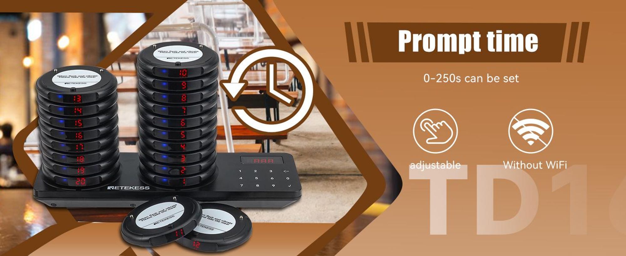 Retekess TD163 Bezdrôtový pagingový systém, 400M, 31 režimov volania, 20H pohotovostný režim, pagingový systém pre hostí pre hotely, bary, kluby