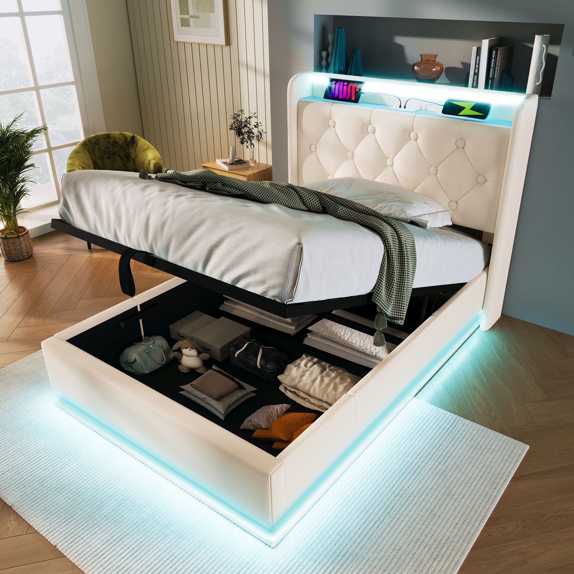 Flieks Polsterbett 90x200cm mit Ladefunktion (USB&Typ-c), Jugendbett Einzelbett Stauraumbett mit LED, Hydraulisches Boxspringbett, PU, Weiß